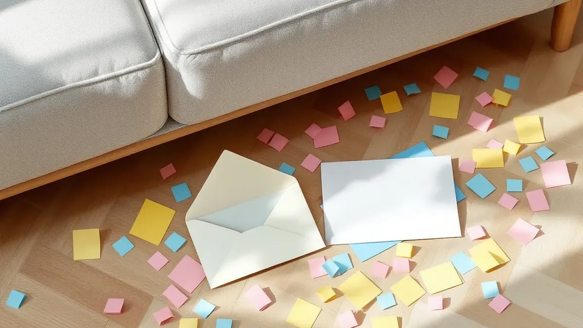 Une boîte aux lettres jaune, une enveloppe colorée qui dépasse, quelques confettis en papier tombés sur le trottoir