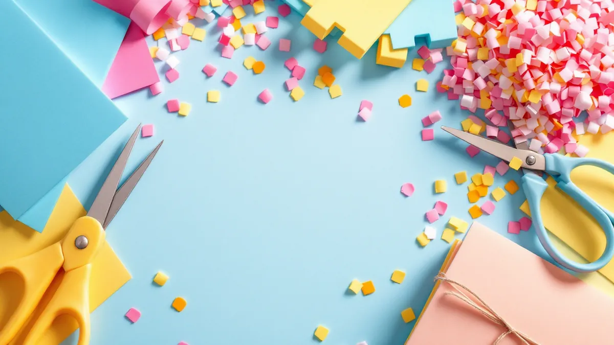 Une table de bricolage vue du dessus : ciseaux, papier coloré, perforatrice et confettis