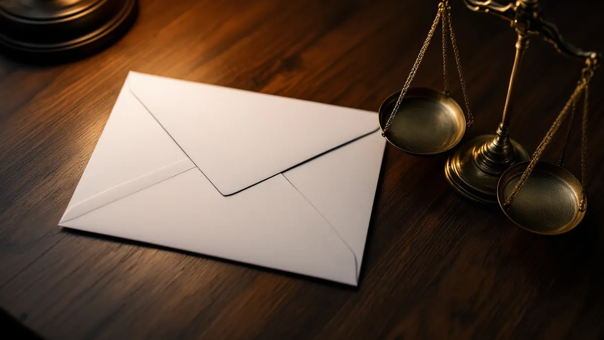 Une enveloppe blanche sur un bureau en bois à côté d'une balance de la justice