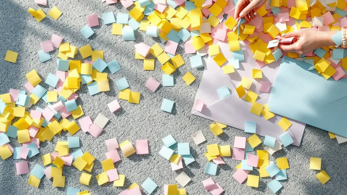 Un gâteau de pot de départ entamé sur une table de bureau, des gobelets, une carte signée et quelques confettis en papier