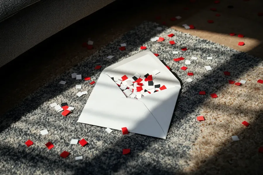 Des paillettes dorées et des confettis au sol, entre les lames du parquet